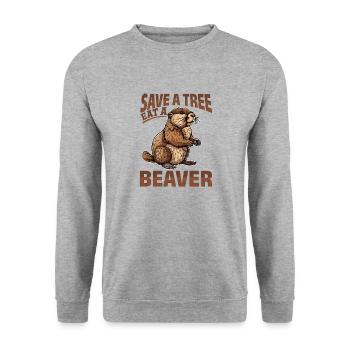 Funny Beaver Animal Save a Tree Eat a Beaver - Unisex Pullover - Weißgrau meliert - Vorne - Alina (178cm) & Michal (187cm)