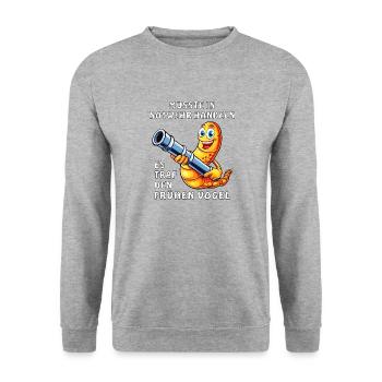 MUSSTE IN NOTWEHR HANDELN FRÜHE VOGEL - Unisex Pullover - Weißgrau meliert - Vorne - Alina (178cm) & Michal (187cm)