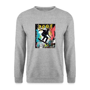 2003 SKAETER Born in the best year - Unisex Pullover - Weißgrau meliert - Vorne - Alina (178cm) & Michal (187cm)
