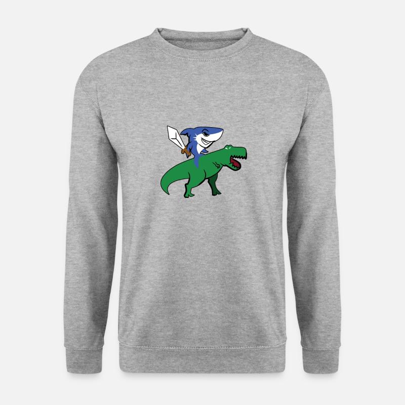 Shark Riding T-Rex T-Shirt Hai mit Schwert Dino - Unisex Pullover - Weißgrau meliert