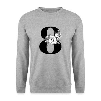 Nummer 8 Schwarze Blumen - 8. Geburtstag Blumen - Unisex Pullover - Weißgrau meliert - Vorne - Alina (178cm) & Michal (187cm)