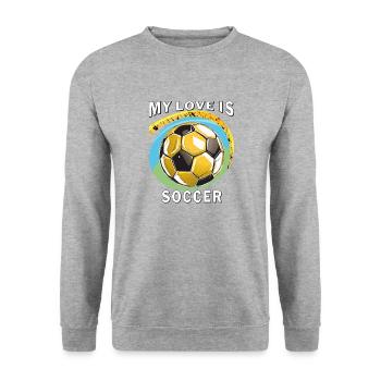 MY LOVE IS SOCCER - Unisex Pullover - Weißgrau meliert - Vorne - Alina (178cm) & Michal (187cm)