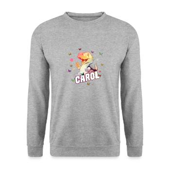 CAROL - Beau prénom de FILLE avec mignon DINO T-REX - Sweat-shirt Unisexe - gris chiné - Devant - Alina (178cm) & Michal (187cm)