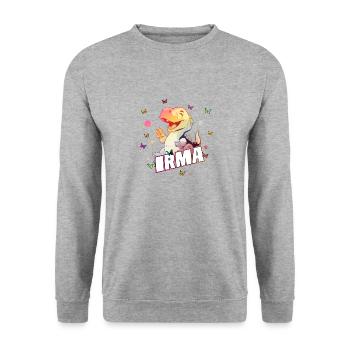IRMA - Schöner MÄDCHEN Name mit süßem DINO T-REX - Unisex Pullover - Weißgrau meliert - Vorne - Alina (178cm) & Michal (187cm)