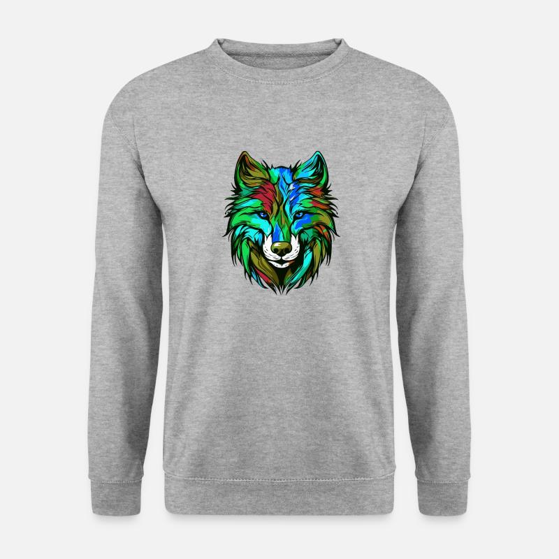 Wolf Porträt Bunt - Unisex Pullover - Weißgrau meliert
