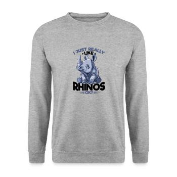 Rhinozeros Animal I Just Really Like Rhinos, Ok? - Unisex Pullover - Weißgrau meliert - Vorne - Alina (178cm) & Michal (187cm)
