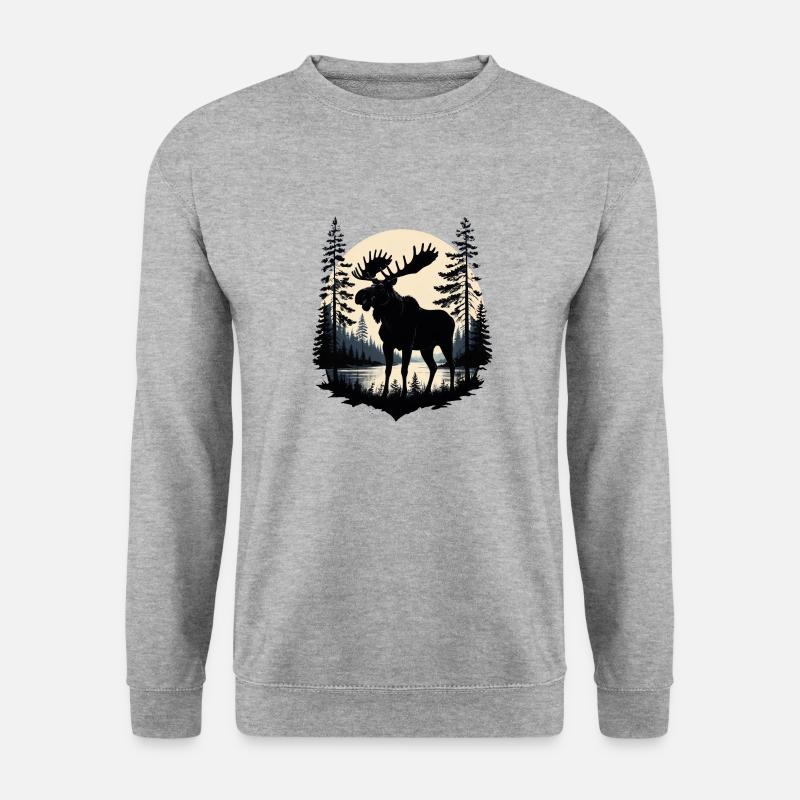 Elch mit Geweih am See im Mondschein Skandinavien - Unisex Pullover - Weißgrau meliert