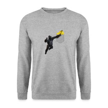 Gorilla greift Nach Banane In Falscher Tasche Lustig - Unisex Pullover - Weißgrau meliert - Vorne - Alina (178cm) & Michal (187cm)