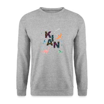 KIAN - Schöner Jungen Name mit Dinosaurier - Unisex Pullover - Weißgrau meliert - Vorne - Alina (178cm) & Michal (187cm)