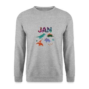 JAN - Schöner Jungen Name mit Dinosaurier - Unisex Pullover - Weißgrau meliert - Vorne - Alina (178cm) & Michal (187cm)