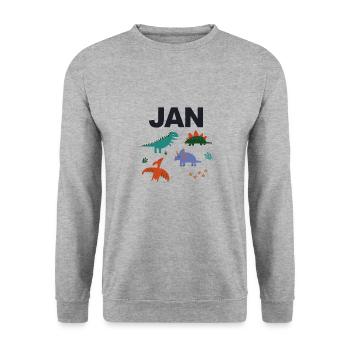JAN - Schöner Jungen Name mit Dinosaurier - Unisex Pullover - Weißgrau meliert - Vorne - Alina (178cm) & Michal (187cm)