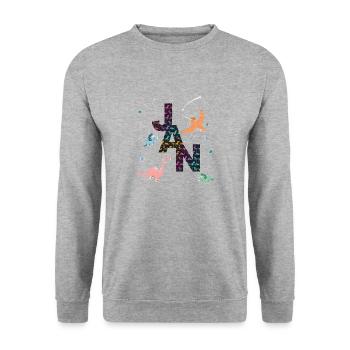 JAN - Schöner Jungen Name mit Dinosaurier - Unisex Pullover - Weißgrau meliert - Vorne - Alina (178cm) & Michal (187cm)