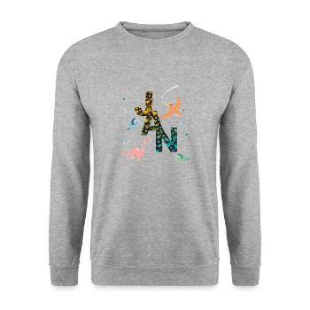 JAN - Schöner Jungen Name mit Dinosaurier - Unisex Pullover - Weißgrau meliert - Vorne - Alina (178cm) & Michal (187cm)