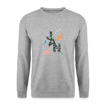 JAN - Schöner Jungen Name mit Dinosaurier - Unisex Pullover - Weißgrau meliert - Vorne - Alina (178cm) & Michal (187cm)