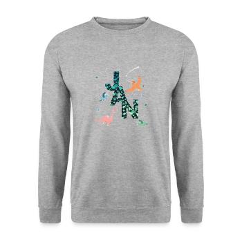 JAN - Schöner Jungen Name mit Dinosaurier - Unisex Pullover - Weißgrau meliert - Vorne - Alina (178cm) & Michal (187cm)