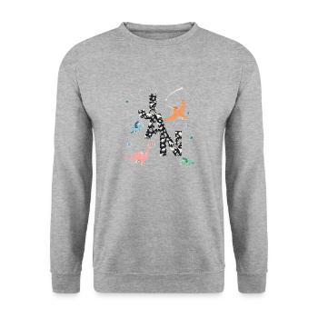 JAN - Schöner Jungen Name mit Dinosaurier - Unisex Pullover - Weißgrau meliert - Vorne - Alina (178cm) & Michal (187cm)