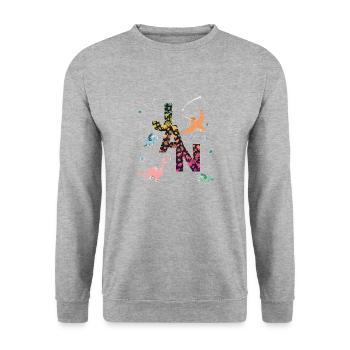 JAN - Schöner Jungen Name mit Dinosaurier - Unisex Pullover - Weißgrau meliert - Vorne - Alina (178cm) & Michal (187cm)