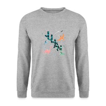 JULIAN - Schöner Jungen Name mit Dinosaurier - Unisex Pullover - Weißgrau meliert - Vorne - Alina (178cm) & Michal (187cm)