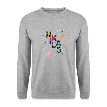 NIKLAS - Schöner Jungen Name mit Dinosaurier - Unisex Pullover - Weißgrau meliert - Vorne - Alina (178cm) & Michal (187cm)