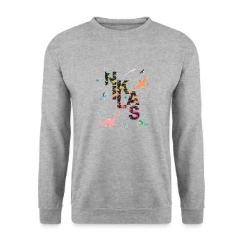 NIKLAS - Schöner Jungen Name mit Dinosaurier - Unisex Pullover - Weißgrau meliert - Vorne - Alina (178cm) & Michal (187cm)