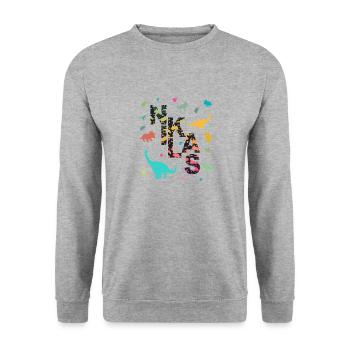 NIKLAS - Beautiful boy name with dinosaur - Unisex Sweatshirt - salt & pepper - Front - Alina (178cm) & Michal (187cm)