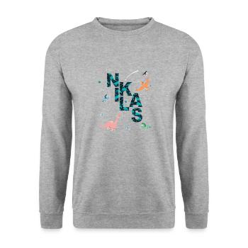 NIKLAS - Beautiful boy name with dinosaur - Unisex Sweatshirt - salt & pepper - Front - Alina (178cm) & Michal (187cm)