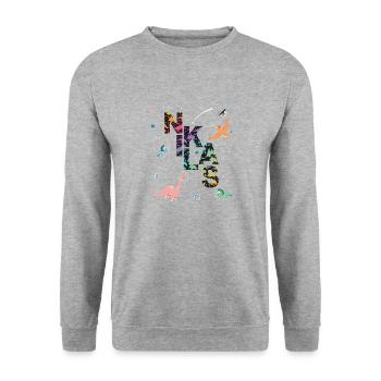 NIKLAS - Beautiful boy name with dinosaur - Unisex Sweatshirt - salt & pepper - Front - Alina (178cm) & Michal (187cm)