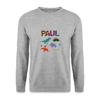 PAUL - Schöner Jungen Name mit Dinosaurier - Unisex Pullover - Weißgrau meliert - Vorne - Alina (178cm) & Michal (187cm)