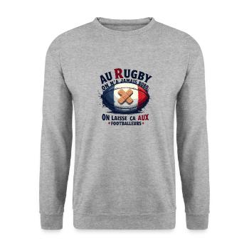 Au Rugby On N'A Jamais BOBO On Laisse ça Aux Foot - Sweat-shirt Unisexe - gris chiné - Devant - Alina (178cm) & Michal (187cm)