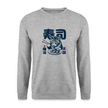 Sushi liebende Katze - Unisex Pullover - Weißgrau meliert - Vorne - Alina (178cm) & Michal (187cm)