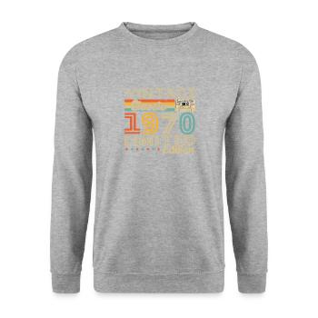 Cadeau d'anniversaire Vinatge 1970 - Sweat-shirt Unisexe - gris chiné - Devant - Alina (178cm) & Michal (187cm)