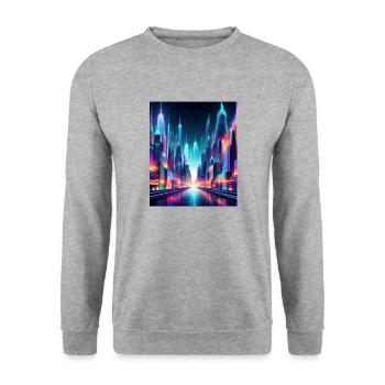 Futuristic Neon Cityscape – Vibrant Cyberpunk Art - Unisex Sweatshirt - salt & pepper - Front - Alina (178cm) & Michal (187cm)