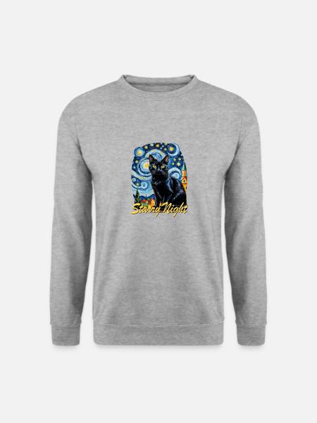 Nachtschwarze Katze Night Black Cat - Unisex Pullover - Weißgrau meliert