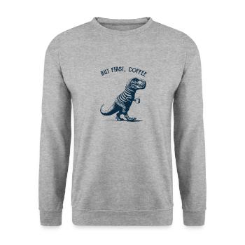 But first Coffee, Dino - Unisex Pullover - Weißgrau meliert - Vorne - Alina (178cm) & Michal (187cm)