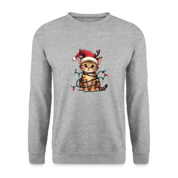 Weihnachtsshirt Katze Weihnachtslichter Geschenk - Unisex Pullover - Weißgrau meliert - Vorne - Alina (178cm) & Michal (187cm)