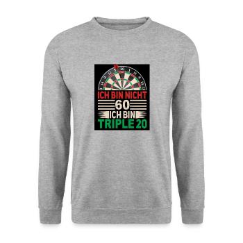 Ich bin nicht 60 – Triple 20 Dart Geburtstag Spaß - Unisex Pullover - Weißgrau meliert - Vorne - Alina (178cm) & Michal (187cm)