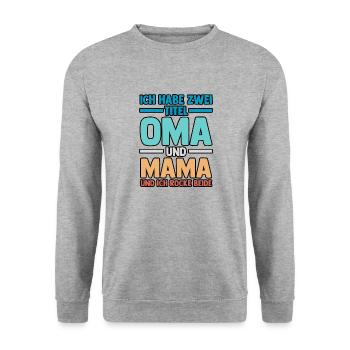 J’ai deux titres : Mamie et Maman - Sweat-shirt Unisexe - gris chiné - Devant - Alina (178cm) & Michal (187cm)