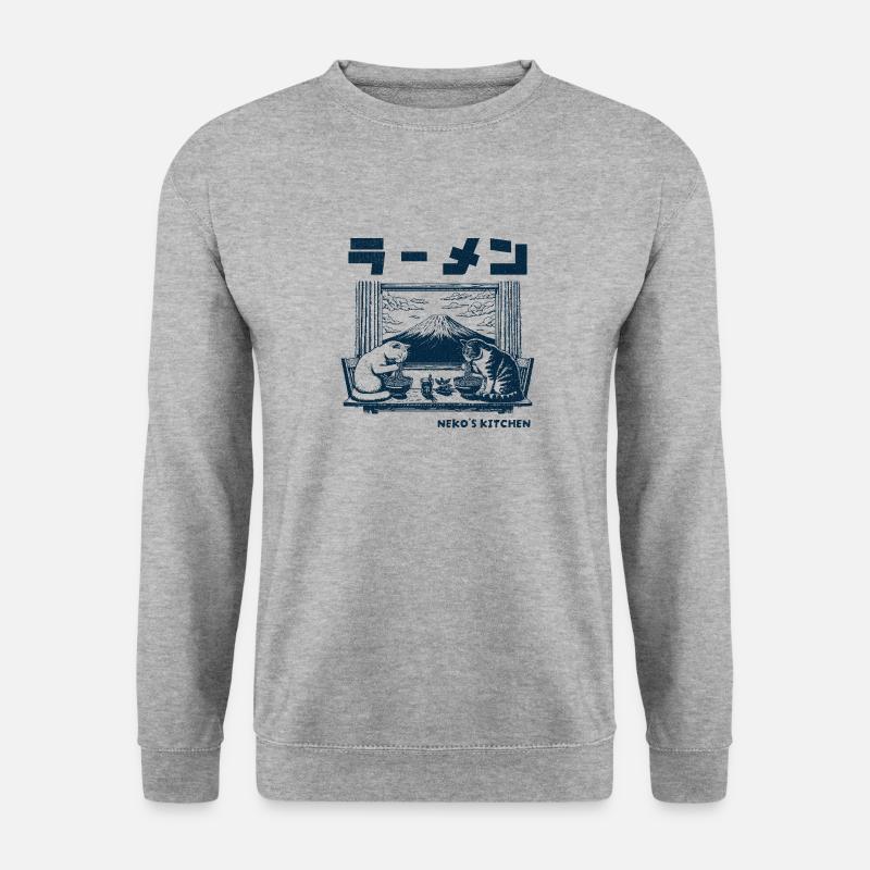 Neko's Kitche Katzen Ramen Nudeln Mount Fuji - Unisex Pullover - Weißgrau meliert