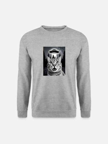Selfie von einer Katze mit Ufo - Unisex Pullover - Weißgrau meliert