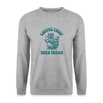 Kaffee Zuerst Dann Müll Süßer Waschbär Kaffee Liebhaber - Unisex Pullover - Weißgrau meliert - Vorne - Alina (178cm) & Michal (187cm)