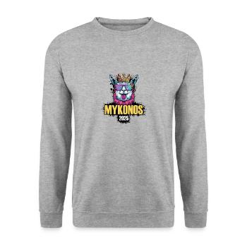 Mykonos 2025 Alpaka Party Urlaub - Unisex Pullover - Weißgrau meliert - Vorne - Alina (178cm) & Michal (187cm)