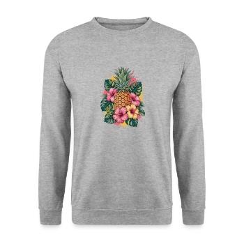 Tropical Pineapple Hibiscus Floral Graphic - Unisex Sweatshirt - salt & pepper - Front - Alina (178cm) & Michal (187cm)