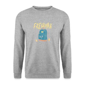 Freshman Cartoon Backpack Character Fun - Unisex Pullover - Weißgrau meliert - Vorne - Alina (178cm) & Michal (187cm)
