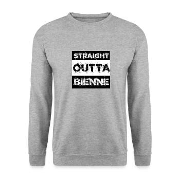 Straight Outta Bienne Schweiz Geschenk Stadt - Unisex Pullover - Weißgrau meliert - Vorne - Alina (178cm) & Michal (187cm)