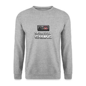 NEVER STOP GAMING + NES Controller - Gaming - Unisex Pullover - Weißgrau meliert - Vorne - Alina (178cm) & Michal (187cm)