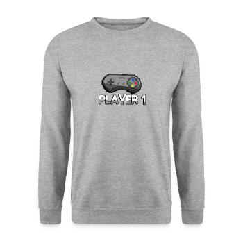PLAYER 1 + SNES Controller - Gaming - Unisex Pullover - Weißgrau meliert - Vorne - Alina (178cm) & Michal (187cm)