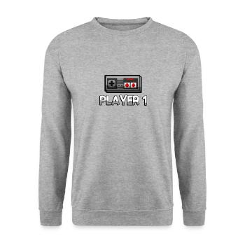 PLAYER 1 + NES Controller - Gaming - Unisex Pullover - Weißgrau meliert - Vorne - Alina (178cm) & Michal (187cm)