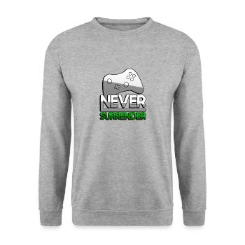 NEVER SURRENDER (Grün) + Controller - Gaming - Unisex Pullover - Weißgrau meliert - Vorne - Alina (178cm) & Michal (187cm)