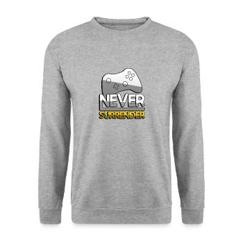 NEVER SURRENDER (Gelb) + Controller - Gaming - Unisex Pullover - Weißgrau meliert - Vorne - Alina (178cm) & Michal (187cm)