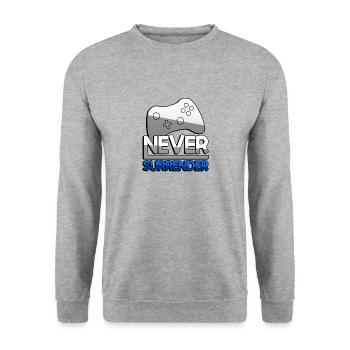 NEVER SURRENDER (Blau) + Controller - Gaming - Unisex Pullover - Weißgrau meliert - Vorne - Alina (178cm) & Michal (187cm)